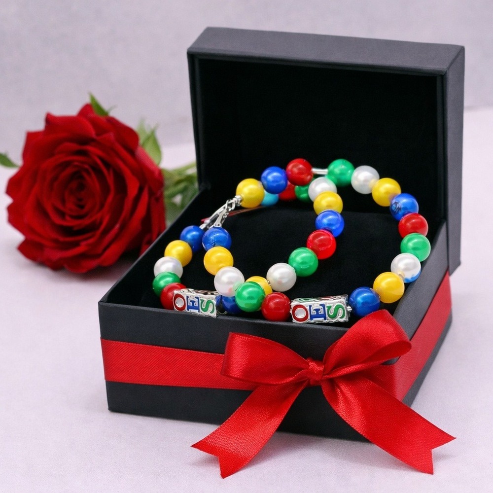 OES Eastern Star Earrings‎ with White, Blue, Yellow, Red & Green Pearls